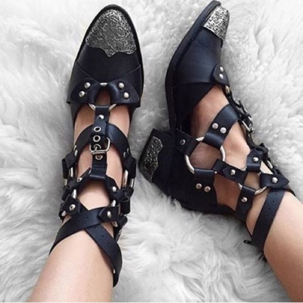 RARE Jeffrey Campbell Black Strappy Heeled Shoes with Silver Accents